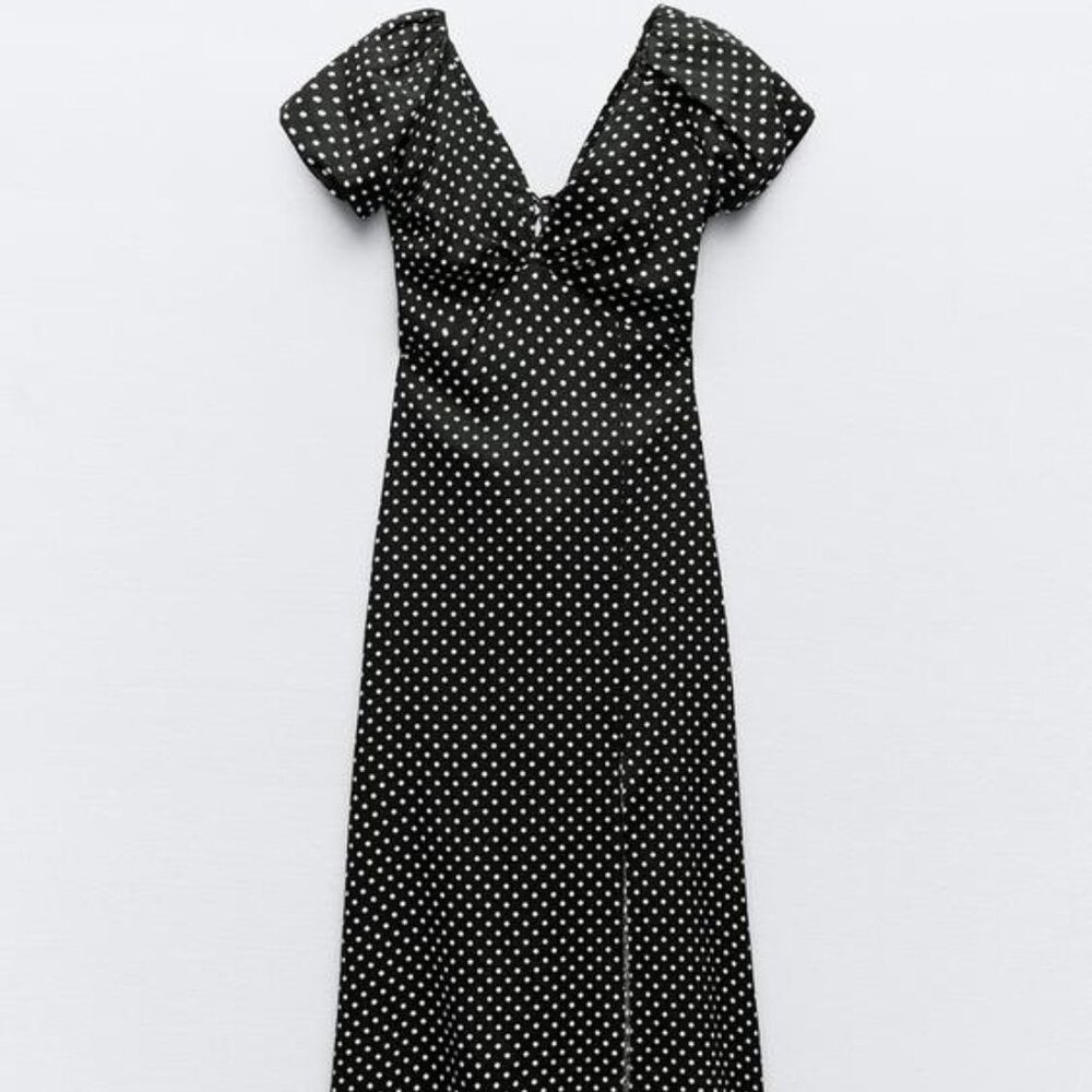 Zara Linen Blend Polka Dot Midi Dress